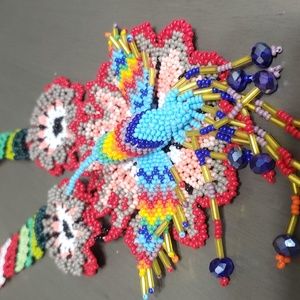 Handmade Mexico HUMMINGBIRD BEADED NECKLACE with Keychain  COLORFUL BLUE